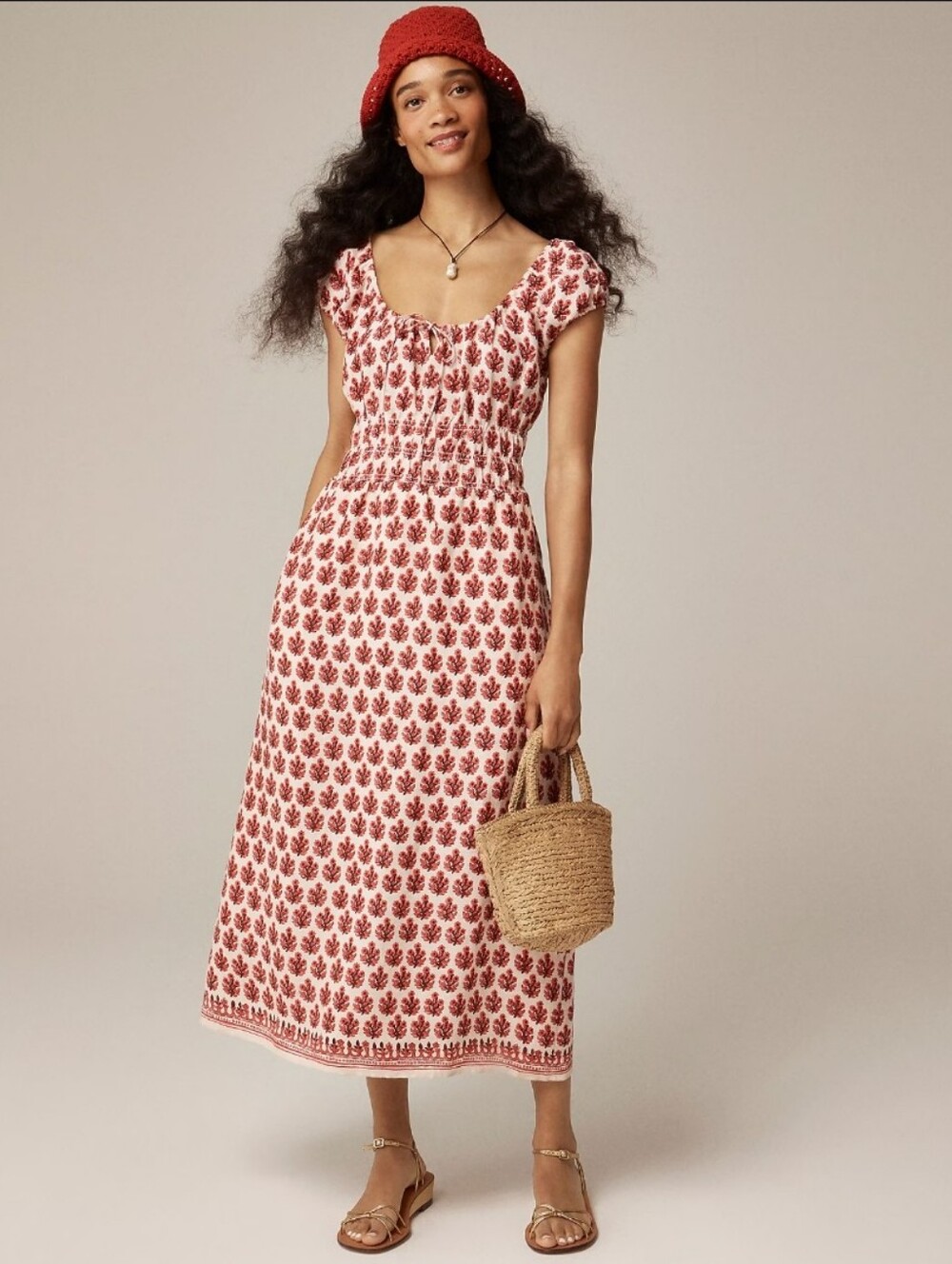 J. Crew Linen Cap-Sleeve Midi Dress Red Cream Blockprint Linen XL